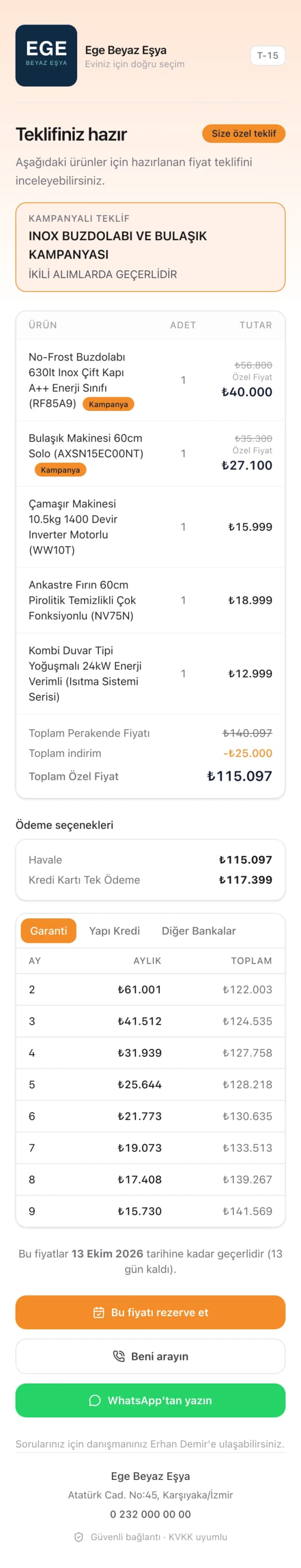 Müşteriye gönderilen markalı teklif sayfası: kampanyalı ürünler, üstü çizili liste fiyatları, taksit tablosu ve rezerve / arayın / WhatsApp düğmeleri
